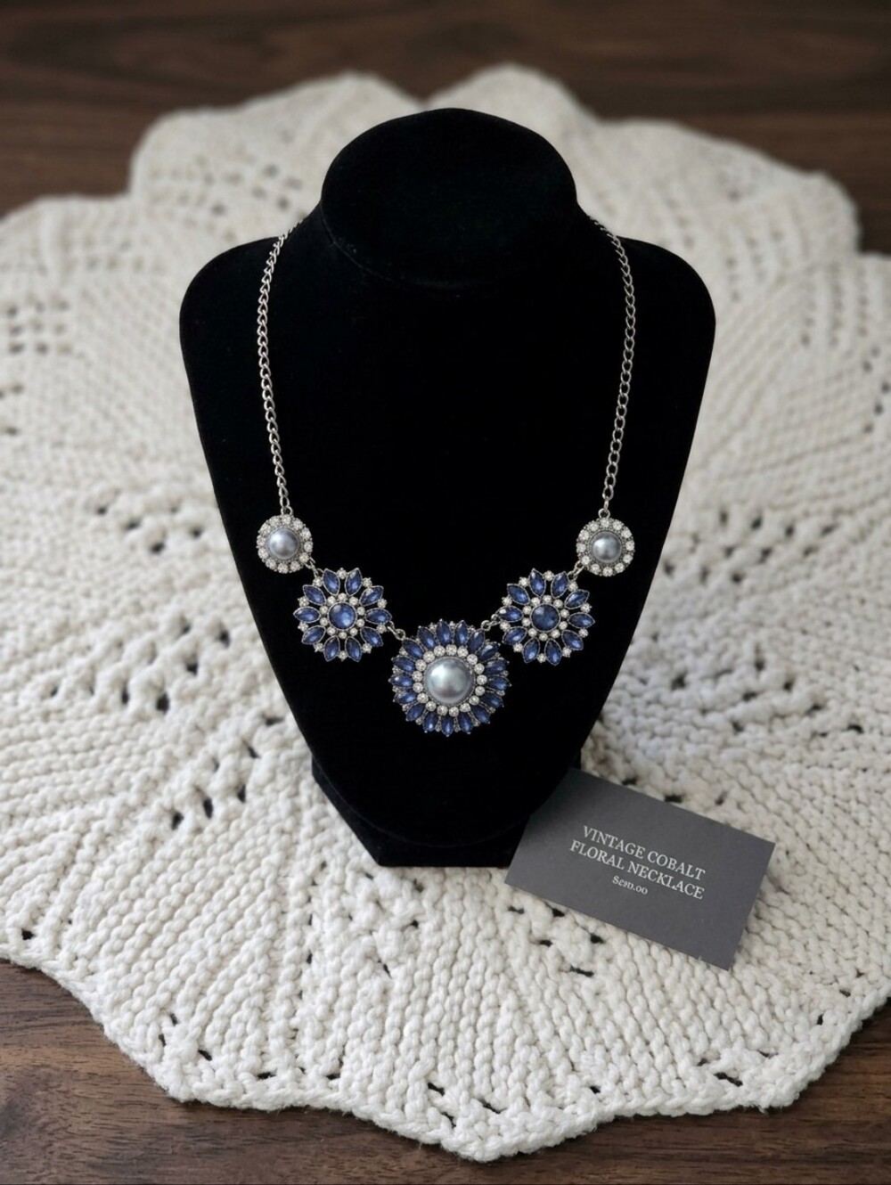 Vintage Blue Rhinestone & Faux Pearl Statement Necklace | Floral Cluster
